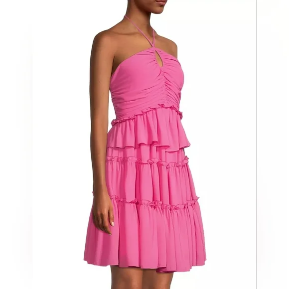 ONE33 SOCIAL Pink Fuchsia Tiered Ruffle Halter Above Knee Cocktail Dress Size 6 - Picture 4 of 8